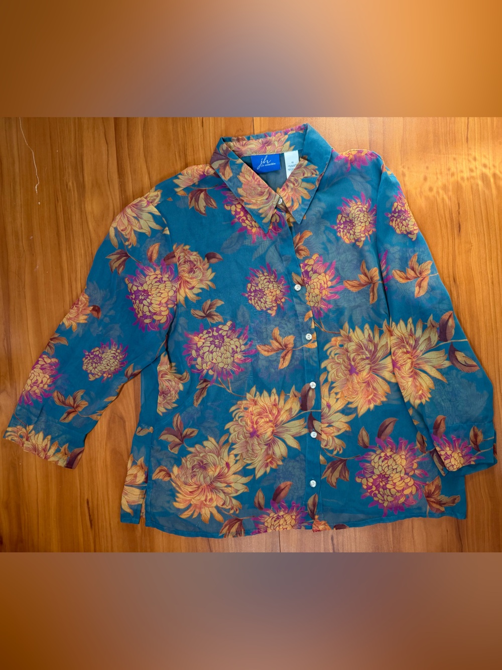 J.H. Collectibles Teal Blouse with Yellow and Magenta Floral Print